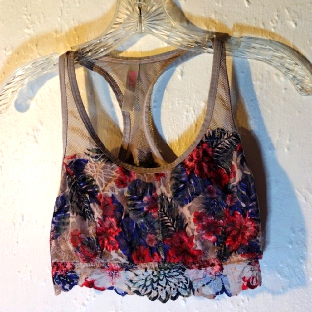 Pink, lacey, sports bra like bra.
